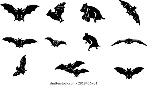 Black silhouette bats flying and hanging in various dynamic poses