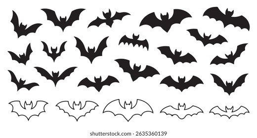 Black silhouette bats halloween decorations vector illustration of different bat styles for designs