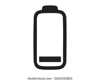Black silhouette of a battery icon with low charge on white background, graphic illustration. concept of power, energy, recharge symbol, technology, icon, logo, design element.