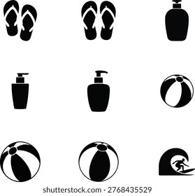 Black silhouette of beach flip flops lotion bottles beach balls and surfer on wave sandals thongs