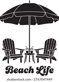 Black silhouette of beach umbrella shading two adirondack chairs with cold beverages on small table. Minimalist summer holiday design for coastal living and outdoor leisure activities.