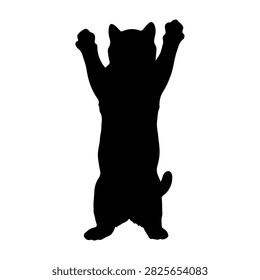 Black silhouette of a bear cub standing on hind legs with paws raised, isolated on white background, emphasizing playful and curious posture.
