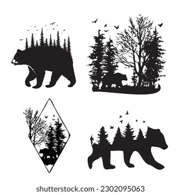 The black silhouette of a bear in the forest among the trees. Vector drawing