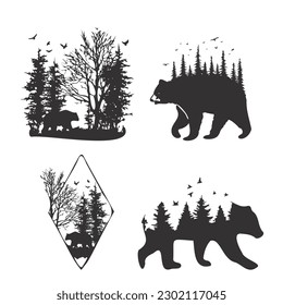 The black silhouette of a bear in the forest among the trees. Vector drawing EPS 