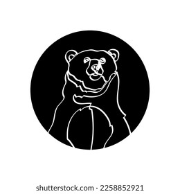 Black silhouette of bear (head) in black circle. Graphic drawing. Vector illustration.