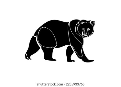 Black silhouette of bear on white background. Graphic drawing. Vector illustration.