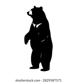 A black silhouette of a bear standing upright wearing a suit, set against a plain white background, emphasizing the animals form and attire.