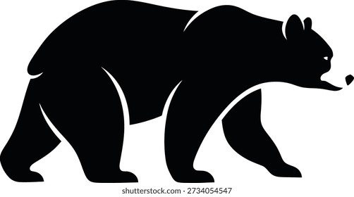 A black silhouette of a bear walking to the right on a white background