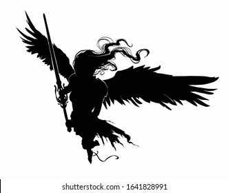 Black silhouette of a beautiful angel woman with a long two-handed sword, huge black wings and hair fluttering in the wind. In a dynamic view from the top. 2D illustration
