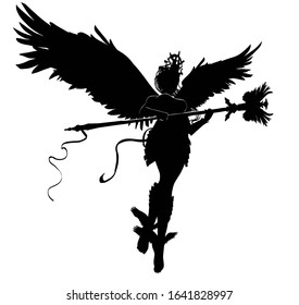 Black silhouette of a beautiful angel woman with a long staff and a diadem on her head with huge black wings and hair fluttering in the wind. In a dynamic view from the top. 2D illustration