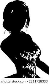 Black silhouette of a beautiful bride wearing long elegant dress and holding a flower bucket