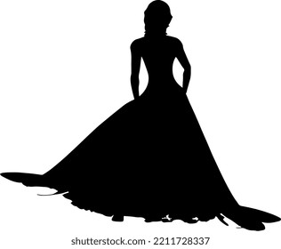 Black silhouette of a beautiful bride wearing long elegant dress and holding a flower bucket
