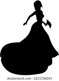 Black silhouette of a beautiful bride wearing long elegant dress and holding a flower bucket