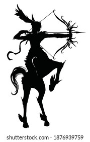 The black silhouette of a beautiful centaur girl standing on her hind legs deftly pulls an arrow aiming into the distance, on her head and hooves wings, she is in armor. 2d illustration.
