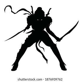The black silhouette of a beautiful demon girl gracefully walking forward in her hand a long patterned spear, in the other a clawed little sphere of energy, her hair fluttering in the morning. 2d 