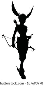 A black silhouette of a beautiful elf ranger girl with a bow and arrow, she walks sideways, smoothly pulling her dagger from her belt, long wings on her head. 2d illustration.