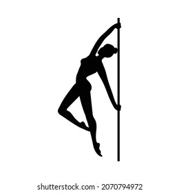 Black silhouette of a beautiful female pole dancer. Logo or icon for fitness, party or club. Vector illustration isolated on a white background.