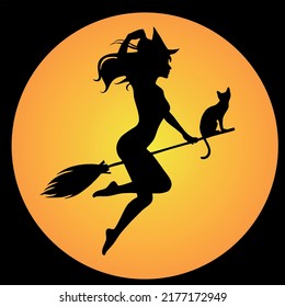 Black silhouette of a beautiful glamour witch flying on a broomstick with cat. Halloween illustration. Orange yellow moon