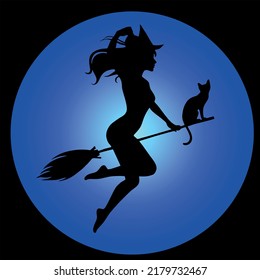 Black silhouette of a beautiful glamour witch flying on a broomstick with cat. Halloween illustration. Blue moon