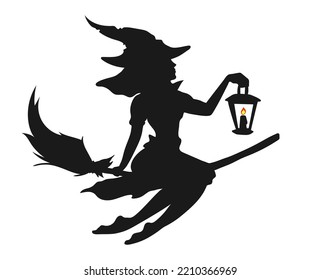 Black silhouette of a beautiful glamour witch with a lantern in her hand flying on a broomstick