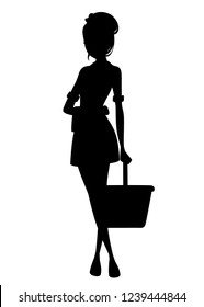 Black Silhouette. Beautiful Maid In Classic French Outfit. Cartoon Character Design. Maid Holding Cleaning Bucket And Towel. Flat Vector Illustration Isolated On White Background.