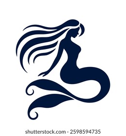 Black silhouette of a beautiful mermaid with long hair and tail. Vector illustration on a white background