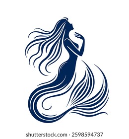 Black silhouette of a beautiful mermaid with long hair and tail. Vector illustration on a white background