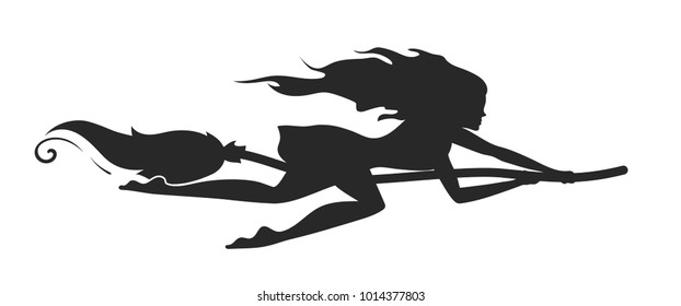 Black silhouette of a beautiful rapid witch flying on a broomstick, vector illustration