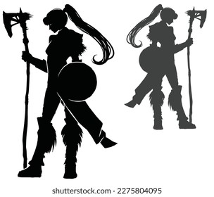 black silhouette with a beautiful warrior woman, she is a barbarian with a long bone halberd and a buckler shield on her arm, proudly stands with a long tail on her head 2d art with a girl in profile