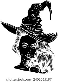 black silhouette of beautiful witch in a classic hat and coloured hair