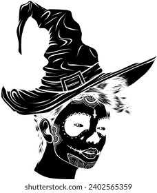 black silhouette of beautiful witch in a classic hat vector illustration