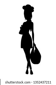 Black silhouette. Beautiful women chef with brown hair, women hold bag with bread. Bakery young female chef. Cartoon character design. Flat vector illustration isolated on white background.