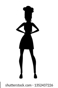 Black silhouette. Beautiful women chef with brown hair. Bakery young female chef. Cartoon character design. Flat vector illustration isolated on white background.