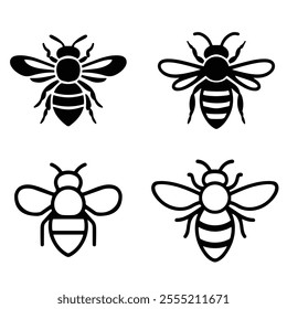 Black silhouette of Bee Icon Set in Line Art and Solid Styles