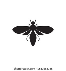 Black silhouette of bee isolated on the white background. Vector black and white insect illustration. Icon, logo tattoo design.