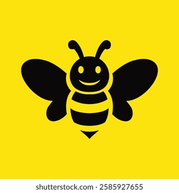 Black silhouette of a bee on a yellow background.