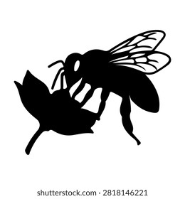 Black silhouette of a bee perched on a flower, capturing the essence of pollination and natural insect activity in the environment.