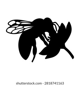 A black silhouette of a bee perched on a flower, capturing the essential pollination process in nature with detailed wings and body structure.