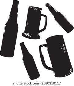 Black Silhouette of Beer Bottles and Glasses beer This image features a collection of black silhouettes of beer bottles and glasses, set against a plain white background.