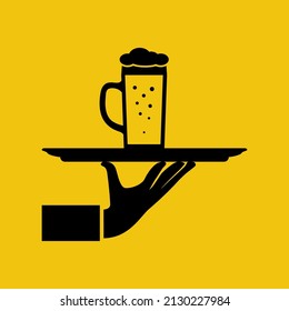 Black silhouette beer on a tray. Glass of beer man holding in hand. Mug in hand isolated in flat background. Waiter makes flow of alcohol. Vector illustration. Light alcoholic drink, cool foam. 