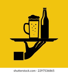 Black silhouette beer on a tray. Glass of beer man holding in hand. Mug in hand isolated in flat background. Waiter makes flow of alcohol. Vector illustration. Light alcoholic drink, cool foam. 