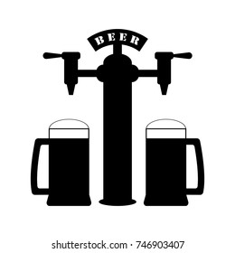 Black silhouette of beer pump for bar with tap and handle and with set full beer mugs with foam. Pouring in beer glasses. Vector drawing. Illustration with isolated object on white background.
