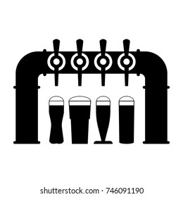 Black silhouette of beer pump with tap and handle and with set full beer glasses with foam. Pouring beer in glass mug. Vector drawing. Illustration with isolated object on white background.