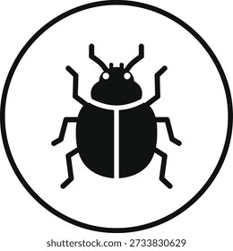 A black silhouette of a beetle in a circular frame, isolated on a pure white background, simple and iconic design