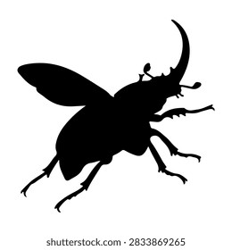 A black silhouette of a beetle insect featuring a prominent curved horn, set against a plain white background, highlighting its distinctive shape.