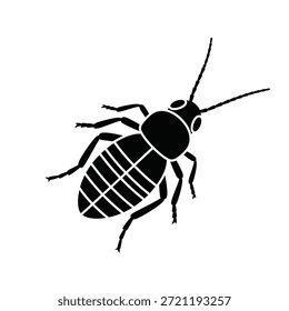 Silueta negra de un insecto escarabajo con cuerpo segmentado y antenas sobre un fondo blanco.