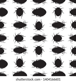 Black silhouette beetles on a white background. A seamless vector repeat of bugs in rows.