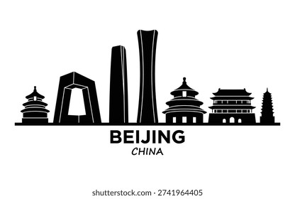 A black silhouette of the Beijing skyline, rendered in a simple graphic style.