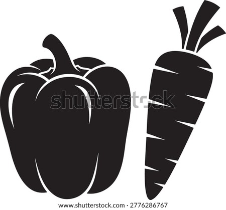 Black silhouette of bell pepper and carrot vegetables side by side