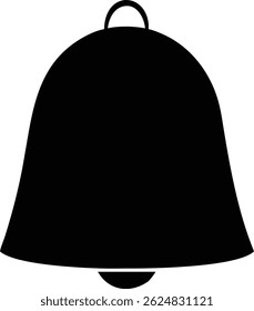 The black silhouette of a bell stands prominently against a white backdrop, showcasing its simple yet striking form. The bell features a rounded shape and a handle.